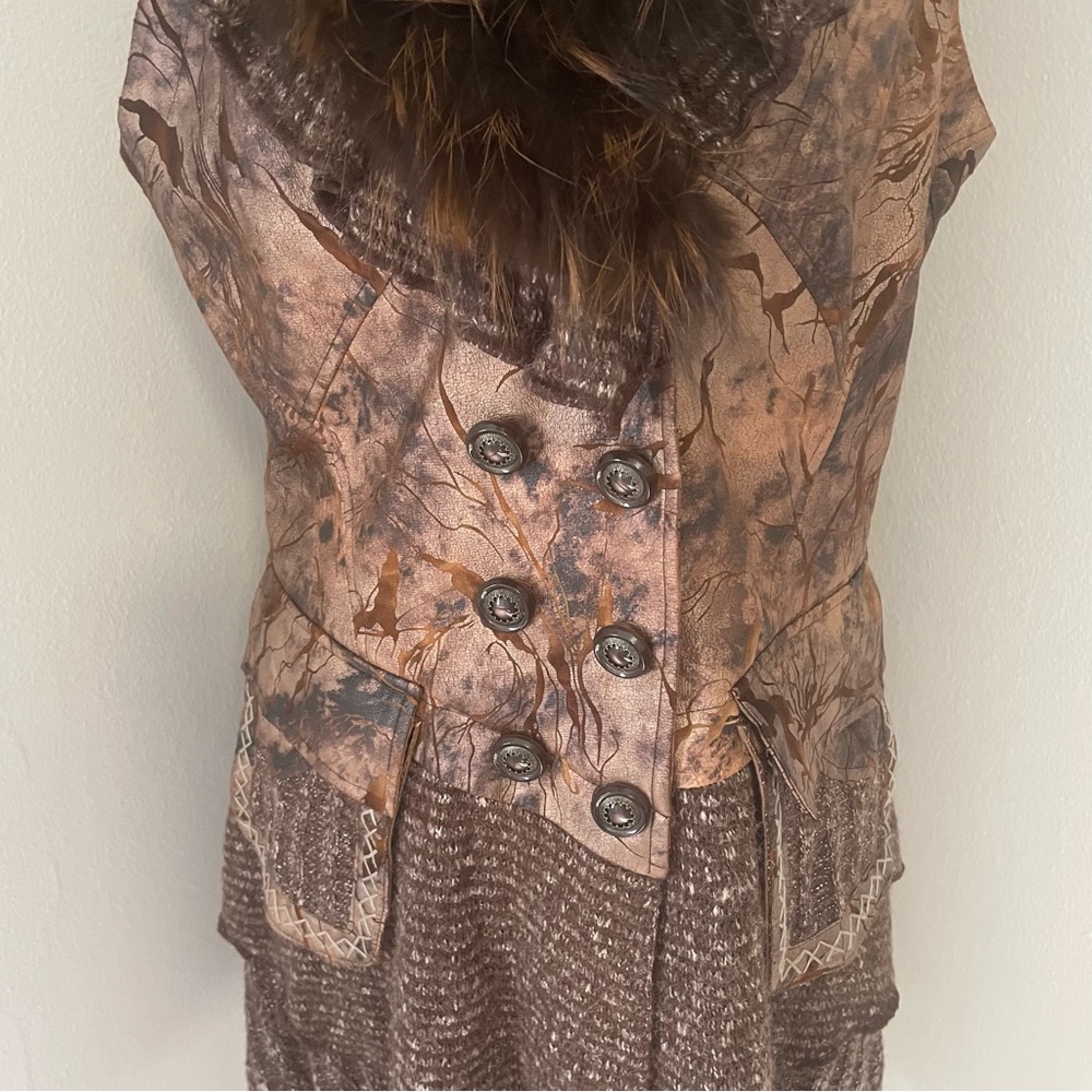 RARE VTG IDENTITY CLUB Camo Knit & FAUX Leather Feathers/Fur‎ Sweater Vest - Picture 4 of 16